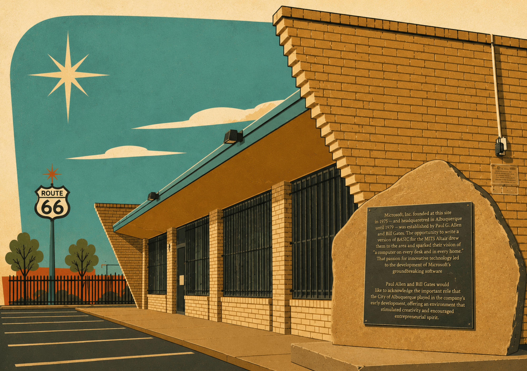 The Cal Linn Building, founding headquarters of Microsoft Corporation, stylized as a cartoon
