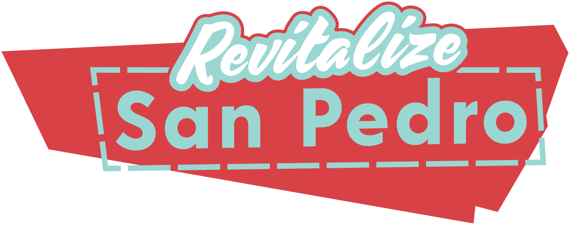 Revitalize San Pedro logo. Red geometric chevron with white and turquoise lettering